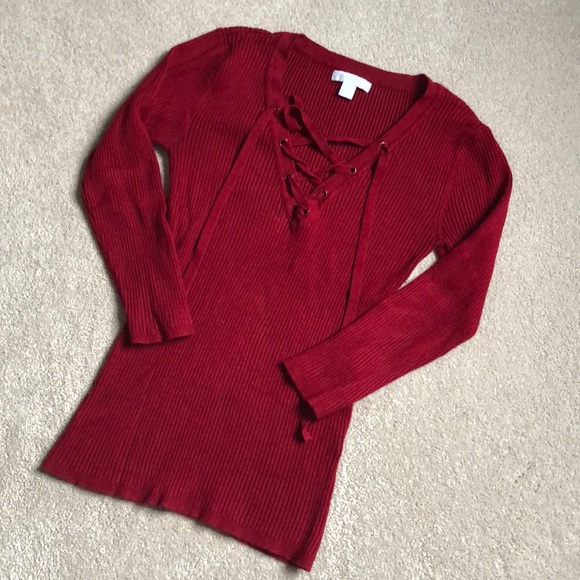 NY&Co Gorgeous Red Wine ¾ Sleeve Sweater - Picture 1 of 4